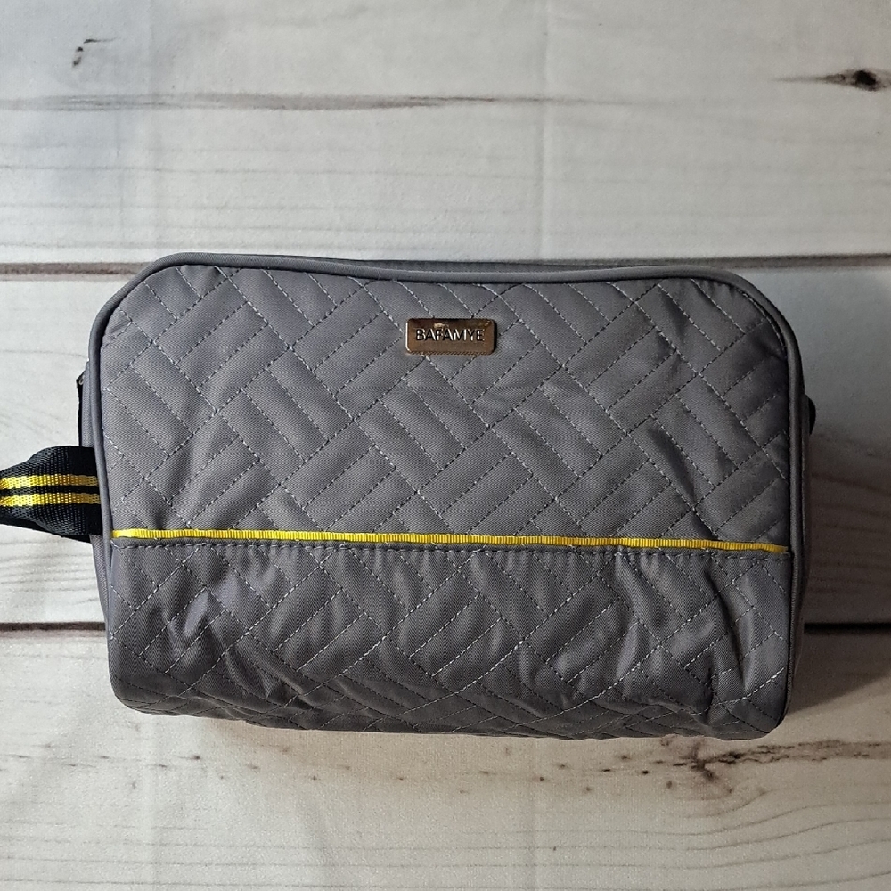 Gray Quilted Toiletry Bag with Yellow Accent